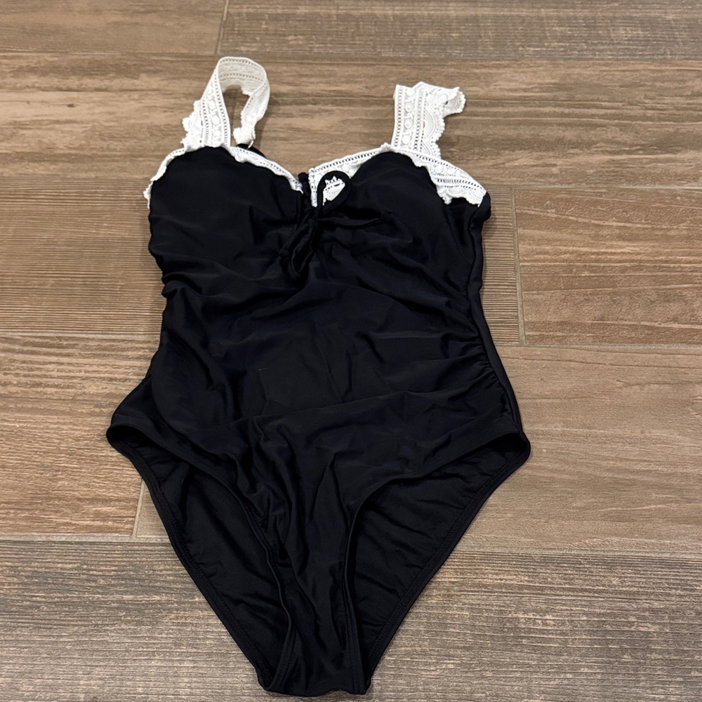 Girls' Black One-Piece Swimsuit with White Lace Straps